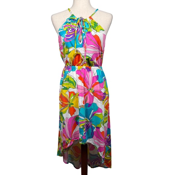 Trina Turk Kaleidoscope High Low Cover Up Dress Floral Halter Womens Size S - Picture 1 of 9